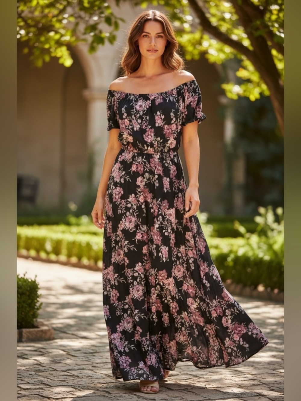 hxilaration maxi floral printed dress black and pink size Medium